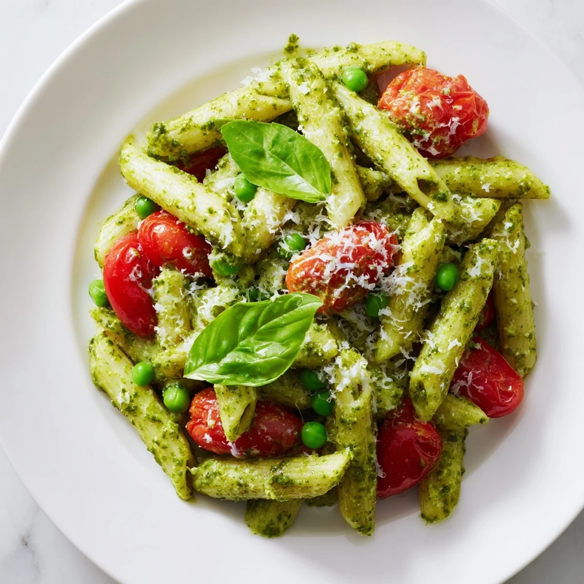 A close-up of vibrant Green Pesto Pasta Salad featuring rotini pasta coated in bright basil pesto, dotted with sweet peas and halved cherry tomatoes.