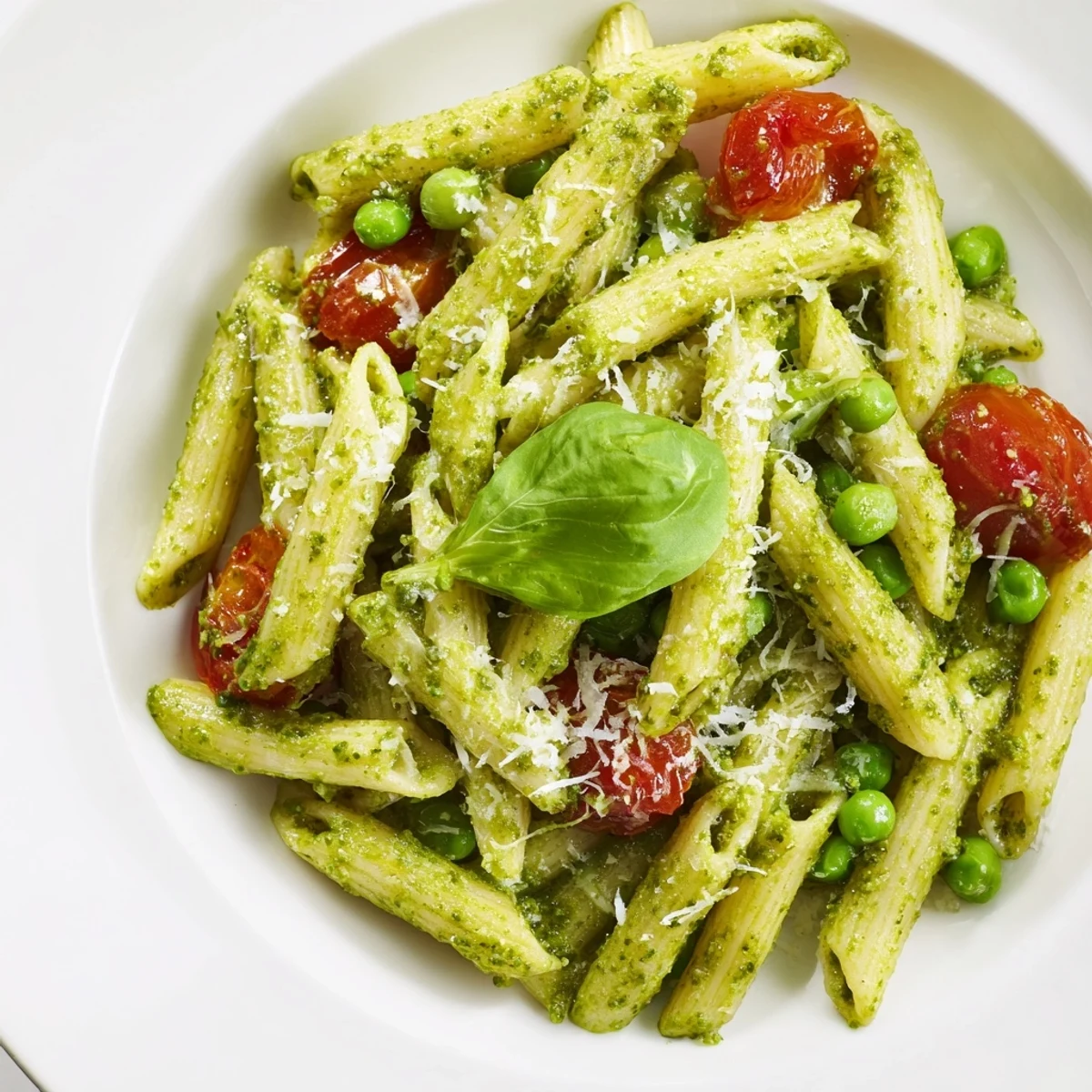 Serving suggestion for Green Pesto Pasta Salad: a colorful mix of tender pasta, juicy tomatoes, and sweet peas, perfect for a light vegetarian lunch.