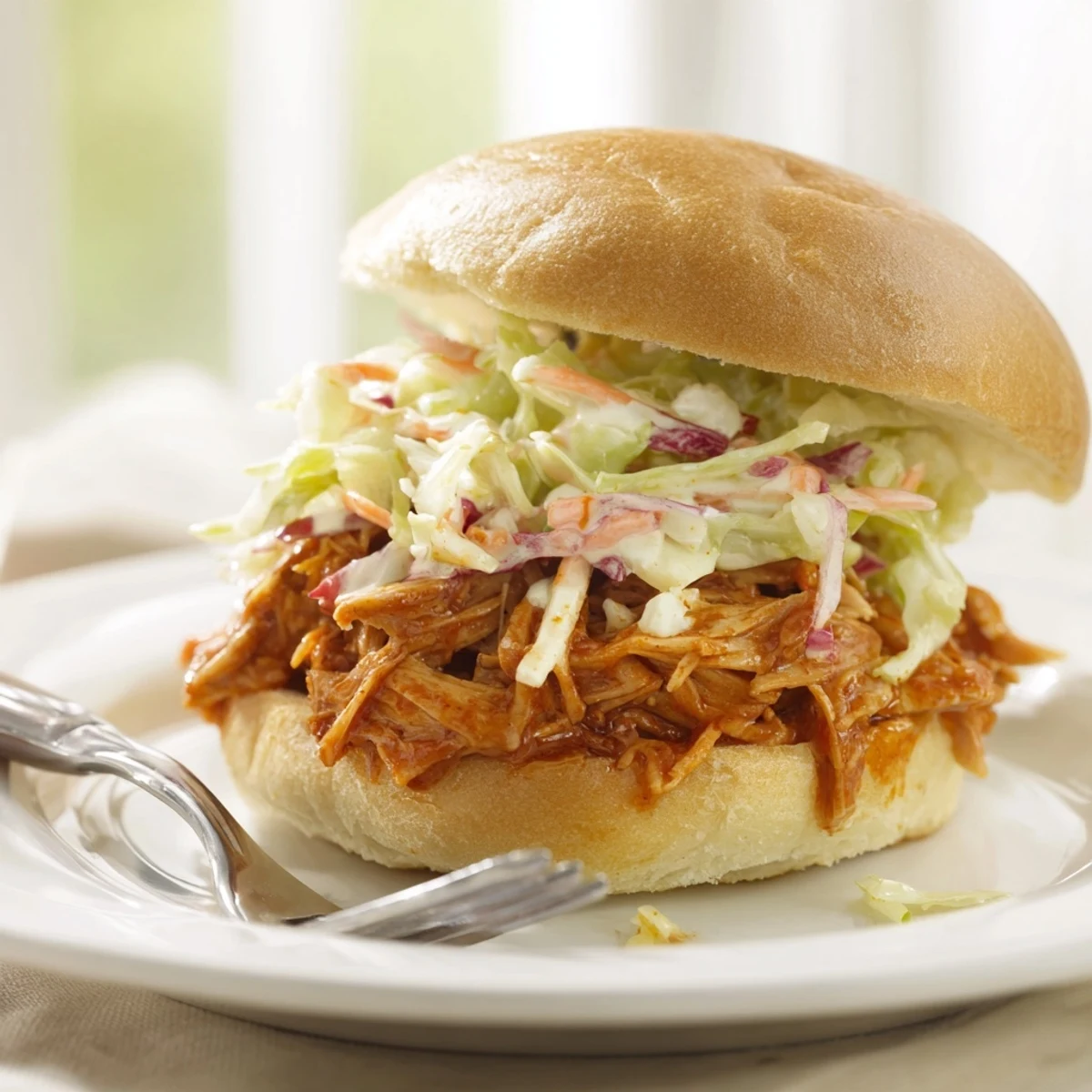 Golden-brown pulled barbecue chicken glistening with sauce, piled high on a toasted brioche bun and topped with creamy, crunchy slaw.
