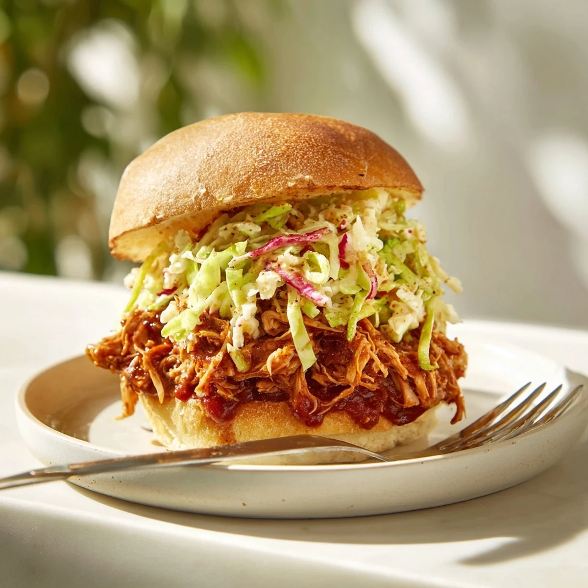 Tender shredded chicken in smoky barbecue sauce, piled onto a soft brioche bun with fresh, vibrant slaw for a satisfying meal.