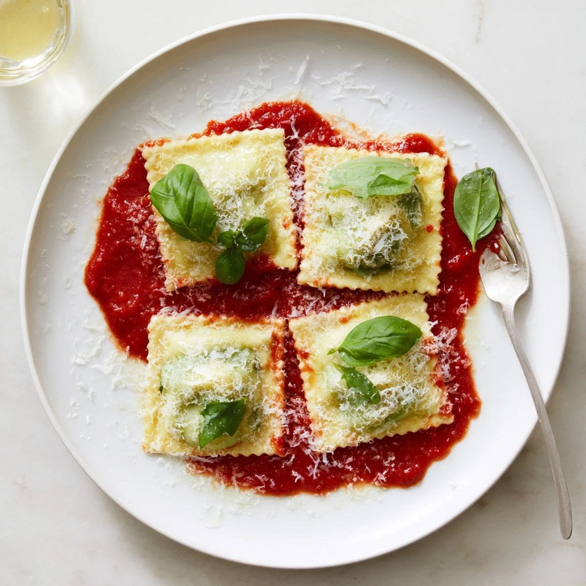 Tender ravioli filled with creamy ricotta and spinach, swimming in garlicky marinara sauce for a comforting vegetarian meal.