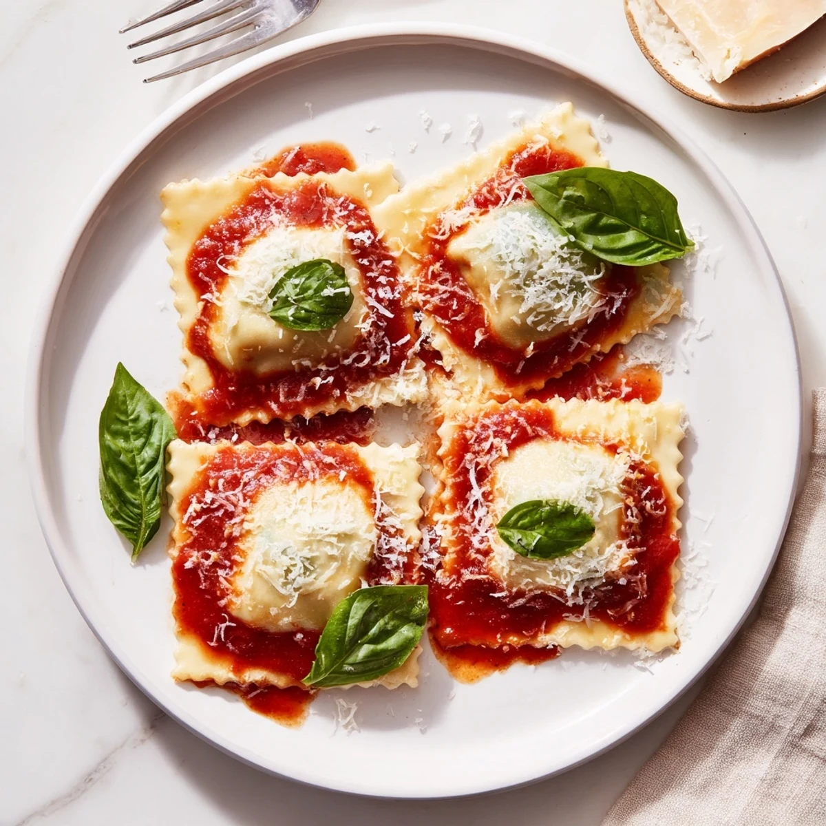 Homemade spinach ricotta ravioli nestled in vibrant marinara, garnished with fresh basil and Parmesan for an Italian dinner.