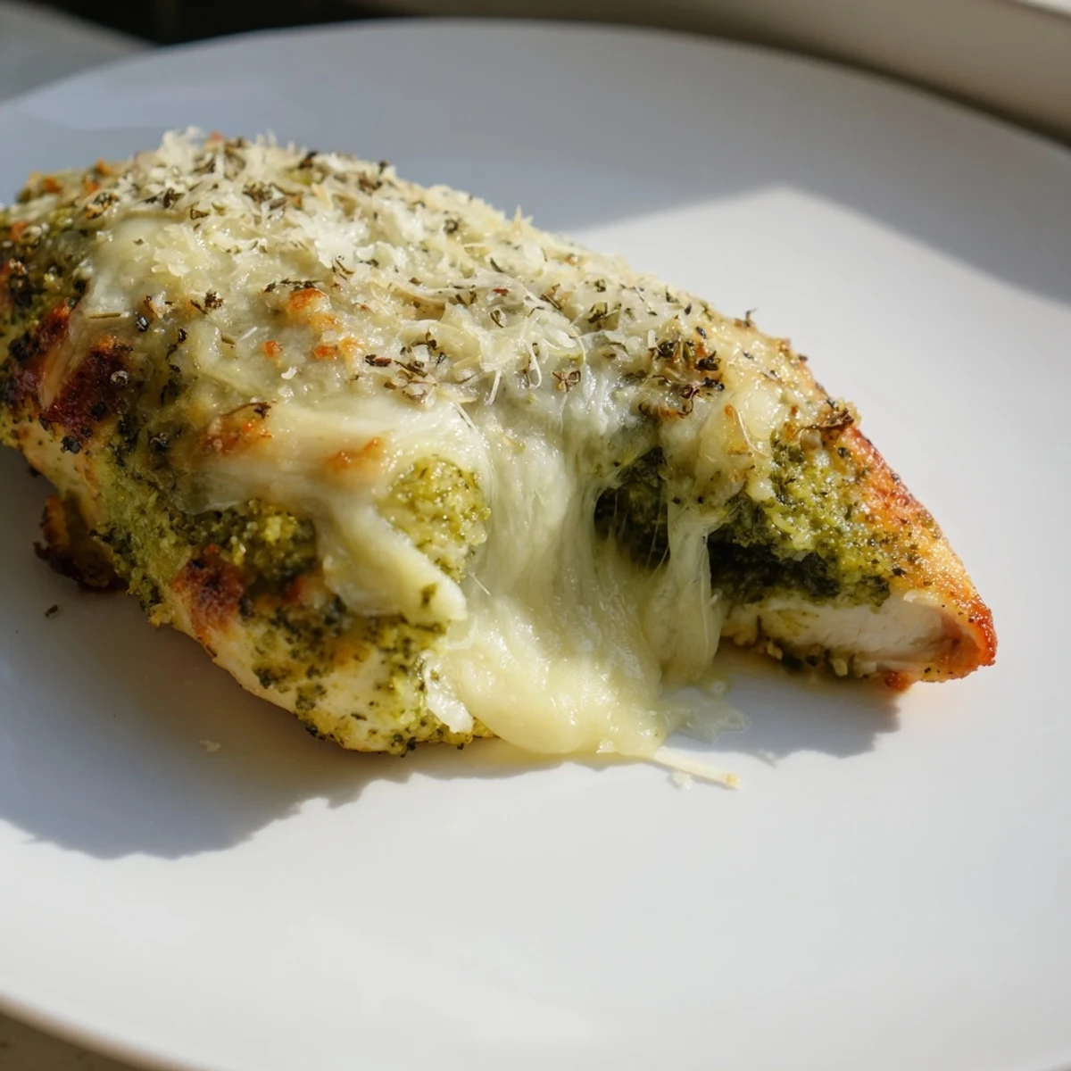 Golden baked Mozzarella & Pesto Stuffed Chicken resting on a white plate with roasted asparagus.