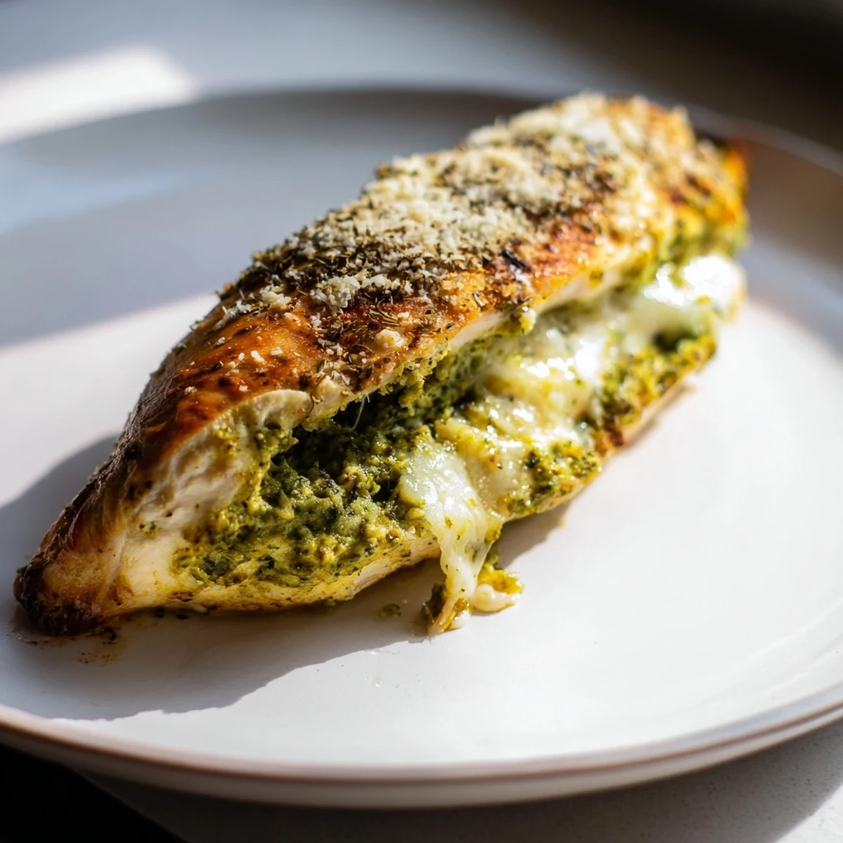 Sliced Mozzarella & Pesto Stuffed Chicken revealing melted cheese and vibrant basil pesto oozing from inside.