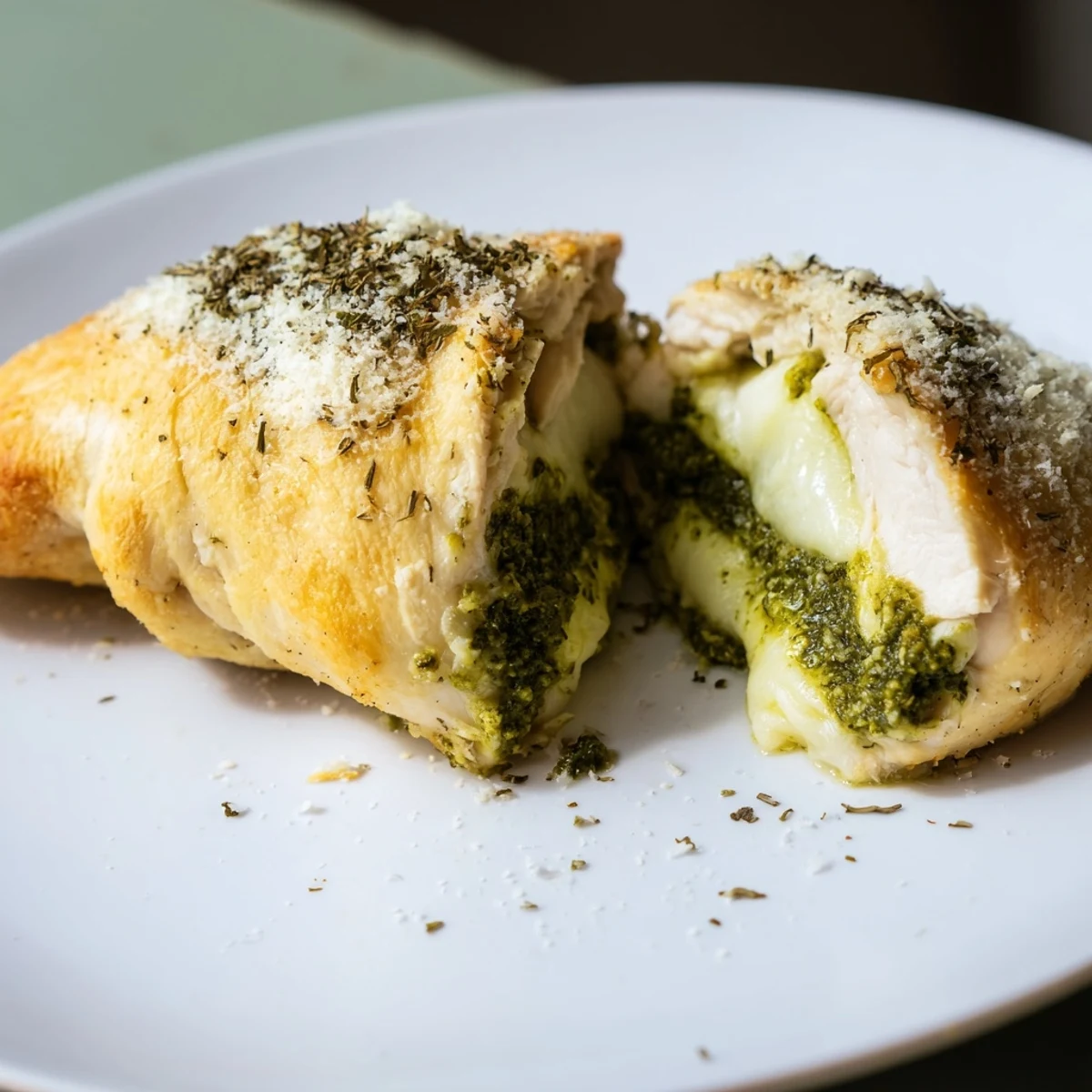 Freshly baked Mozzarella & Pesto Stuffed Chicken garnished with parsley and served with a crisp side salad.