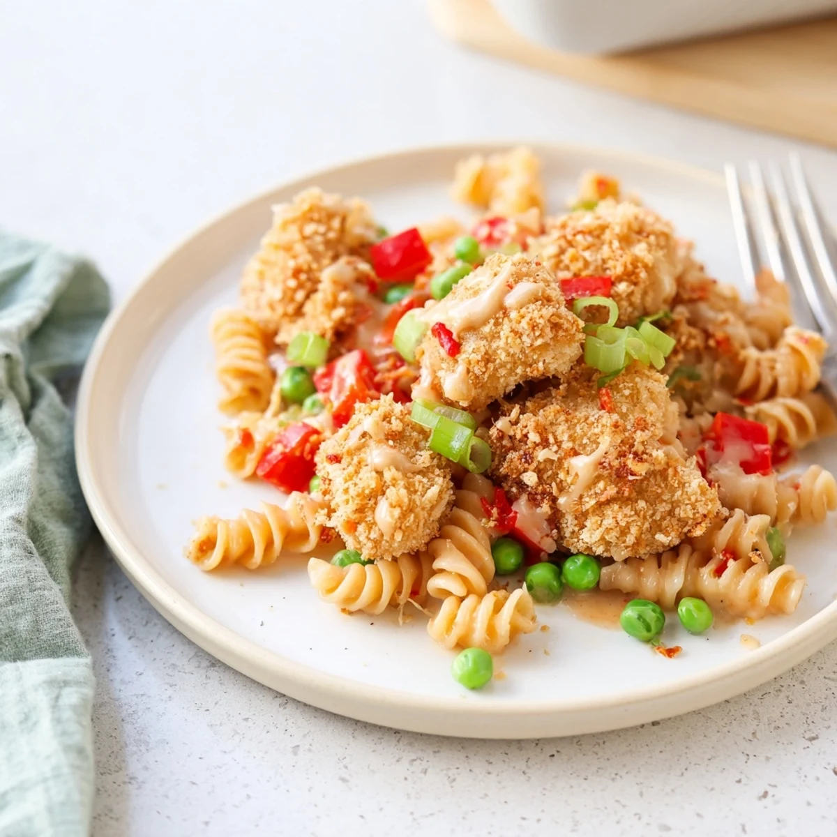 Golden, panko-crusted chicken bites rest atop a vibrant bowl of Crispy Chicken Ranch Pasta Salad, garnished with fresh dill.