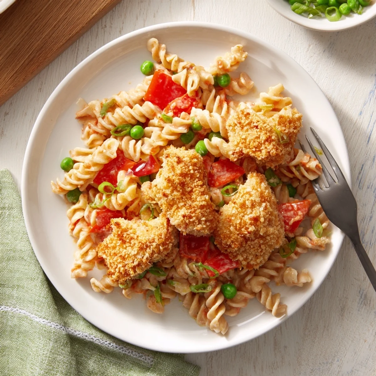 A fork lifts tender pasta and crispy chicken from the creamy Crispy Chicken Ranch Pasta Salad, dotted with red pepper.