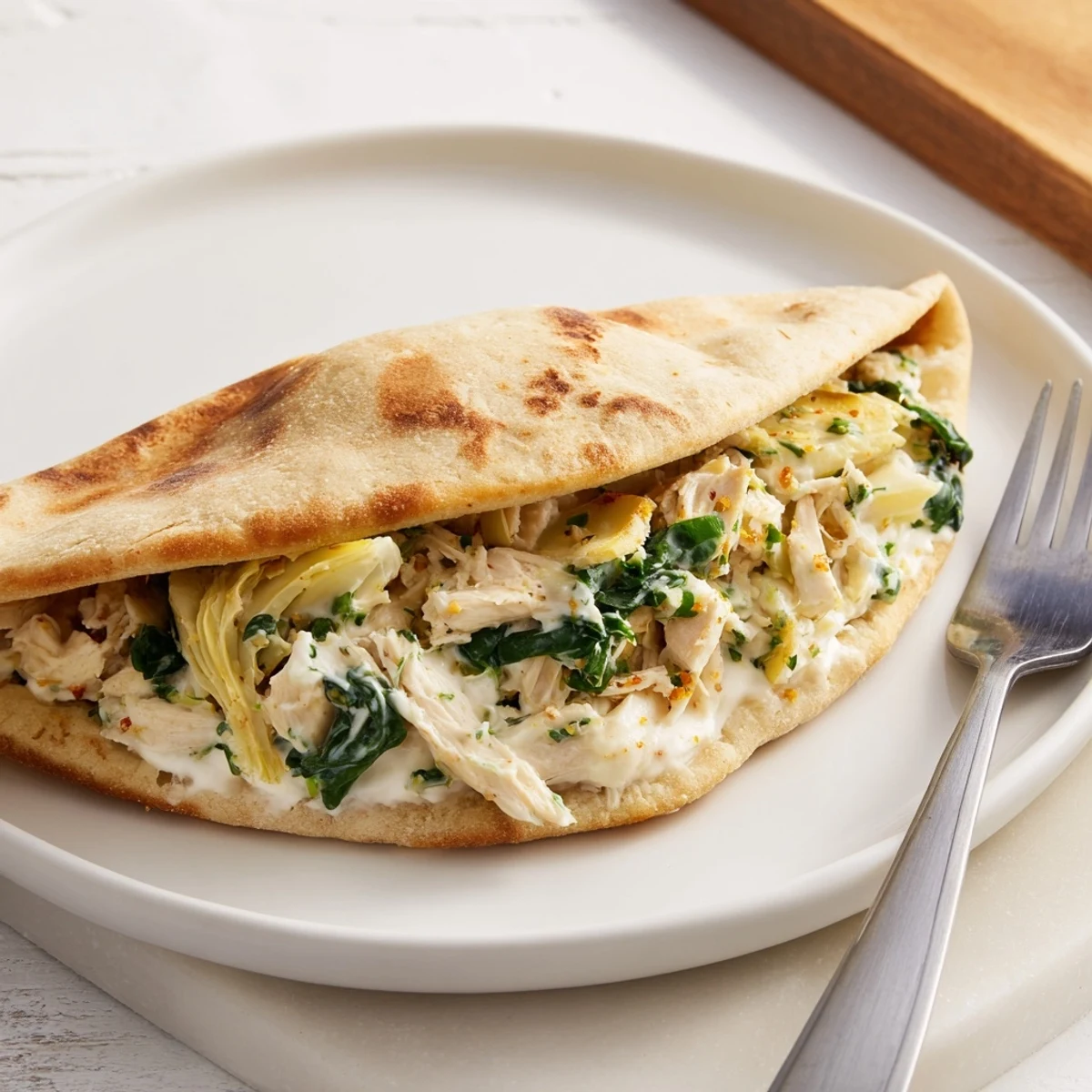 Fresh spinach, tender chicken, and artichoke hearts baked inside warm pita for lunch.  