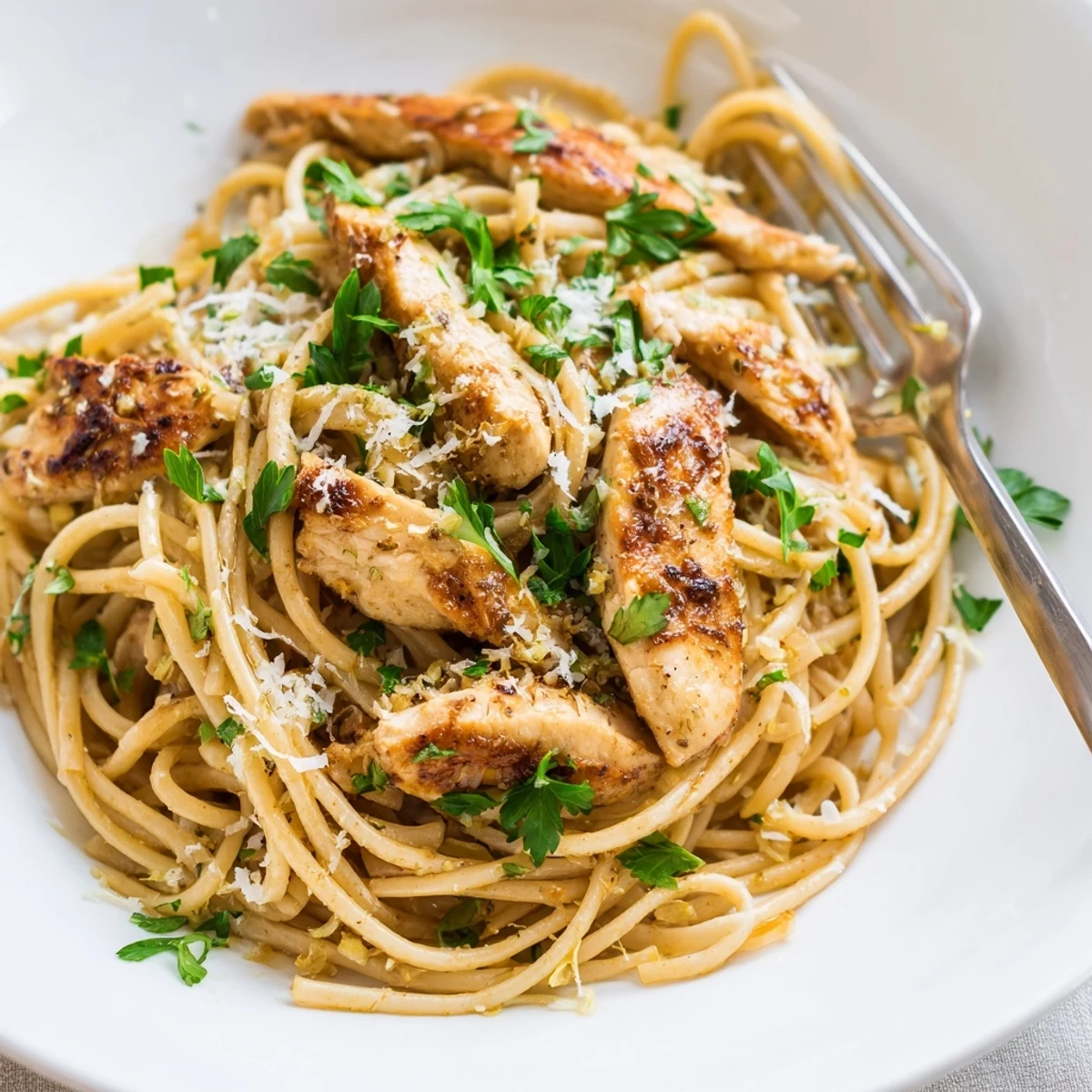 Golden brown butter glistens on strands of spaghetti tossed with tender seared chicken and bright lemon zest in this Brown Butter Lemon Chicken Pasta.