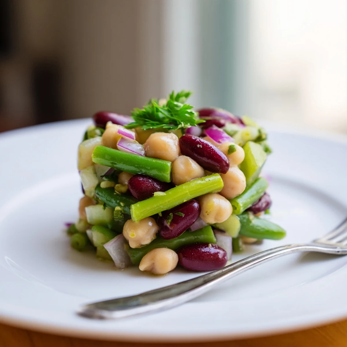 Three-Bean Salad with crisp red onion and celery tossed in a zesty apple cider vinaigrette, served chilled for a refreshing side.