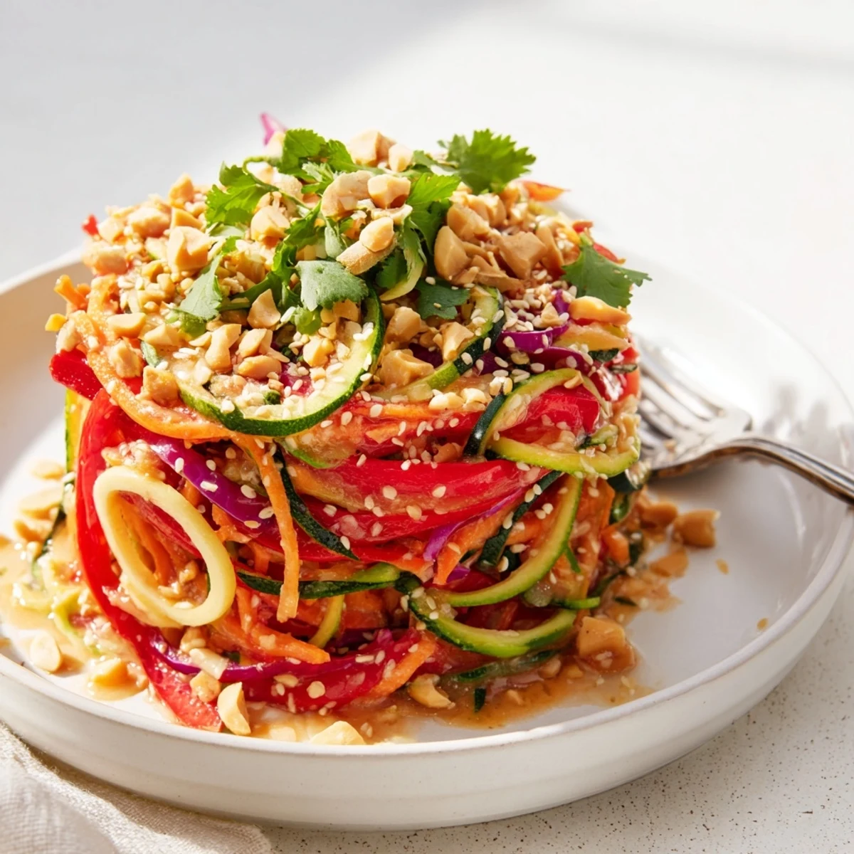A colorful bowl of Raw Vegetable Noodle Salad topped with toasted sesame seeds, ready for a light lunch.