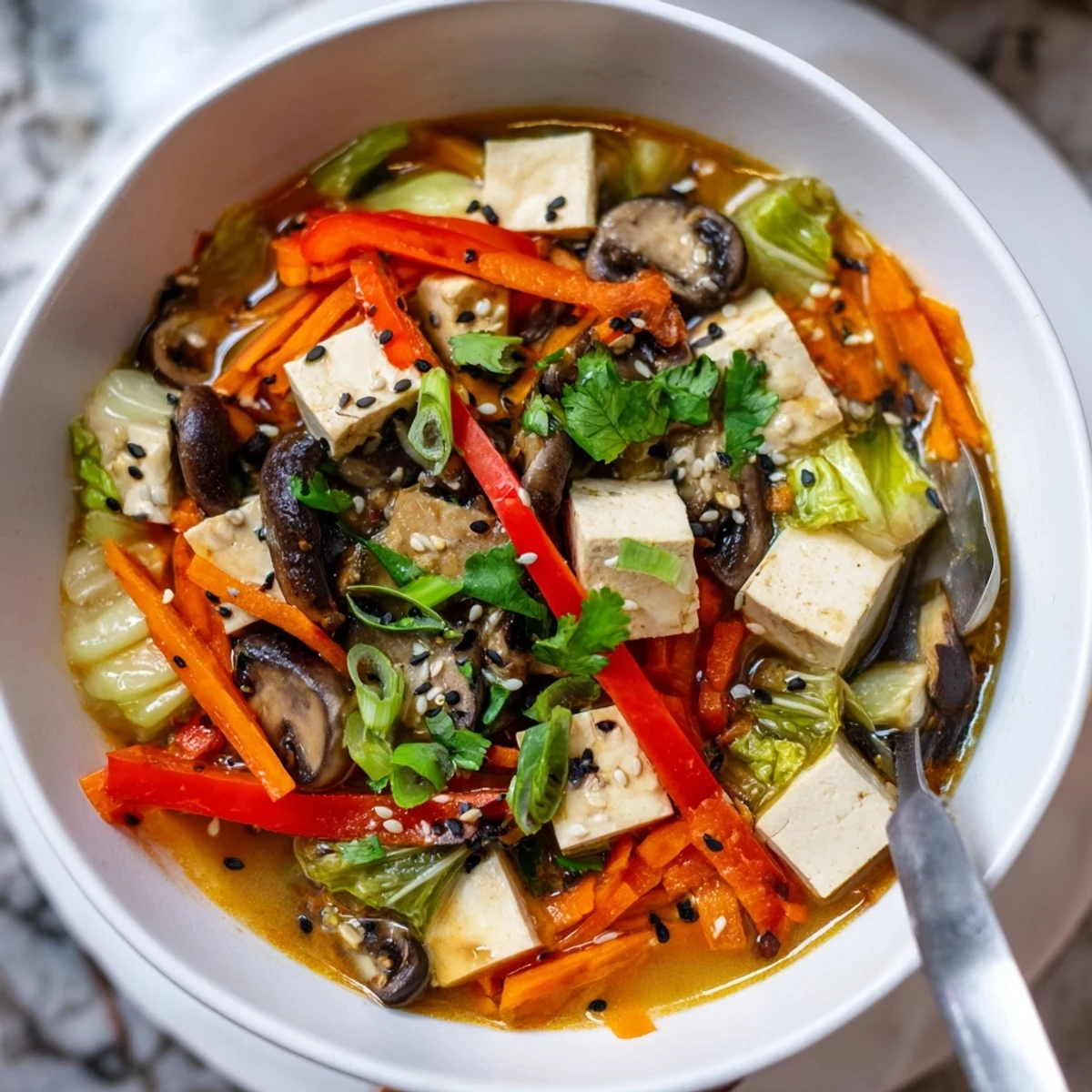 Close-up of Tofu and Vegetable Soup, showcasing tender bok choy, sliced red bell peppers, and soft tofu pieces in a savory Asian-inspired broth.