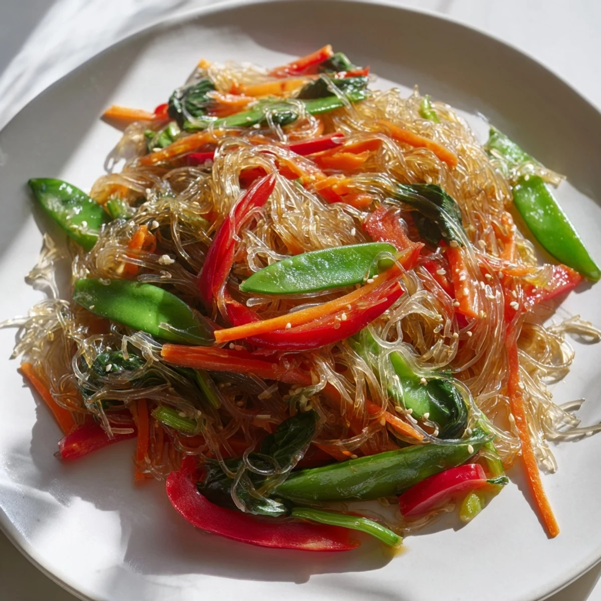 Colorful kelp noodle stir-fry with crisp vegetables and sesame seeds in a ginger sauce, served as a light vegan meal.