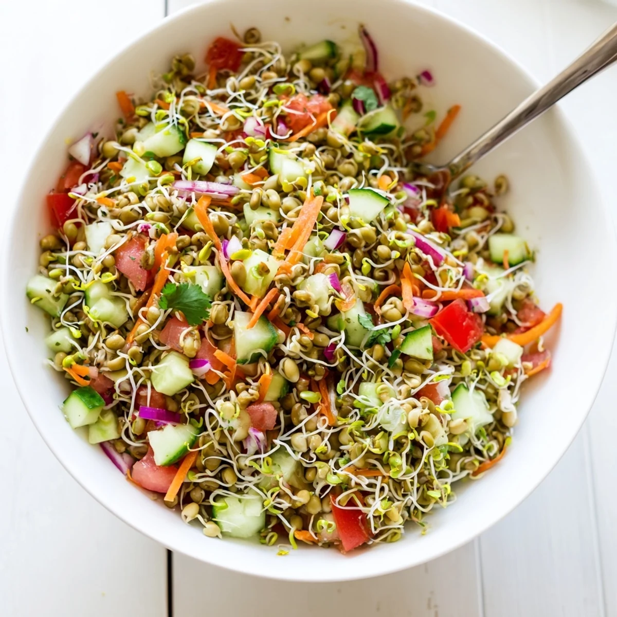 Colorful Sprouted Seed Salad featuring crisp vegetables, grated carrot, and a light lemon-olive oil dressing, perfect as a healthy vegan side.  