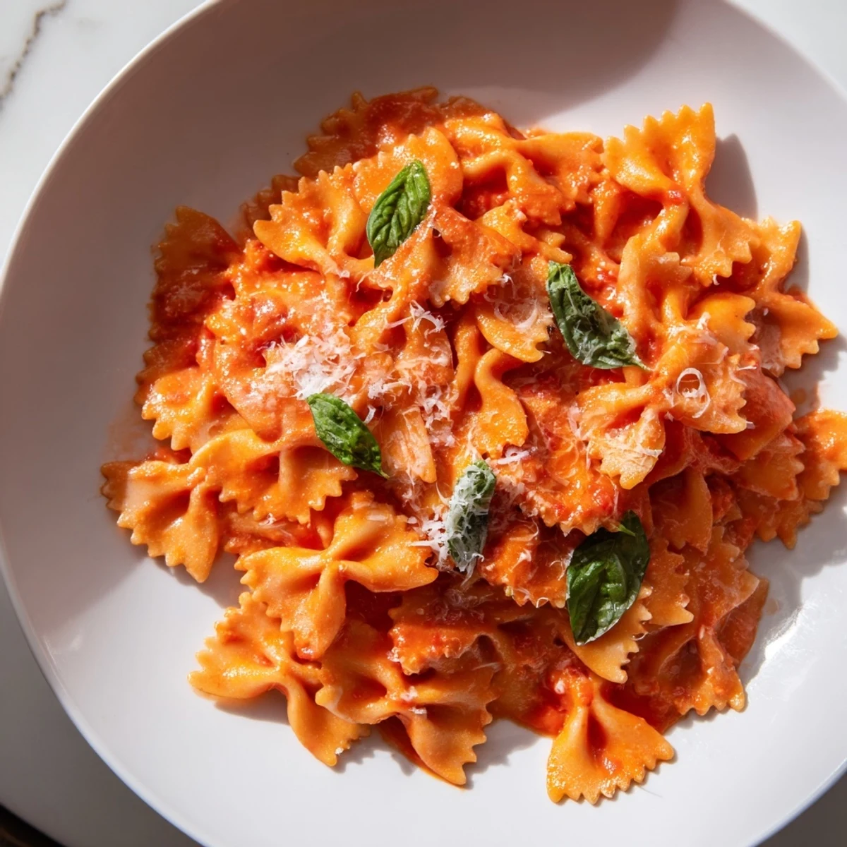 A comforting plate of tomato basil bowtie pasta, featuring silky sauce, tender pasta, and a sprinkle of grated Parmesan for serving.