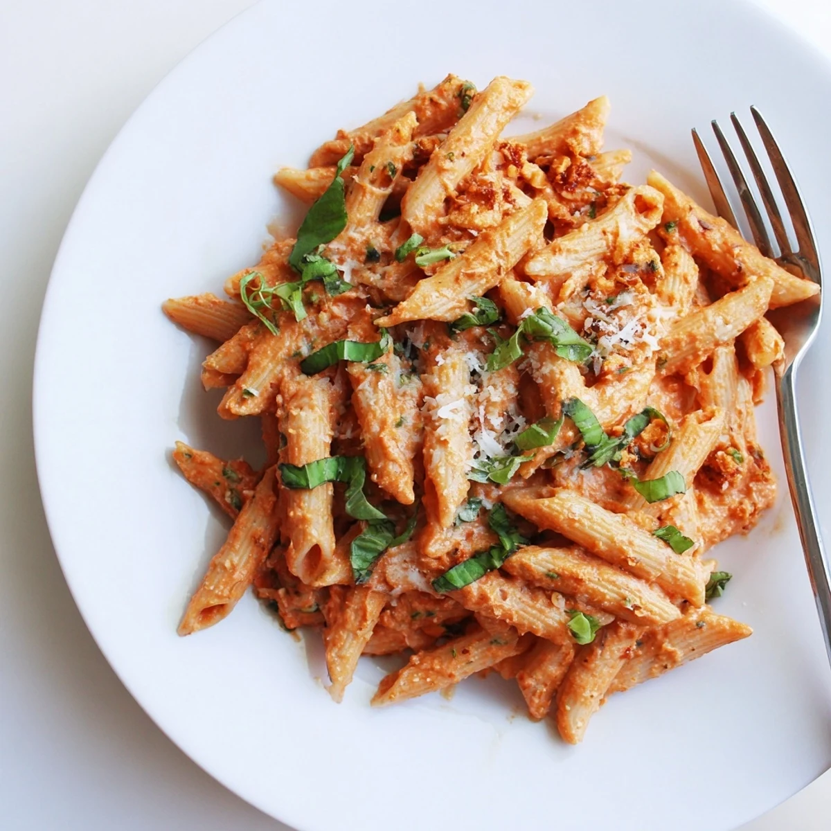 Steaming penne coated in creamy roasted red pepper sauce, garnished with fresh basil and Parmesan.
