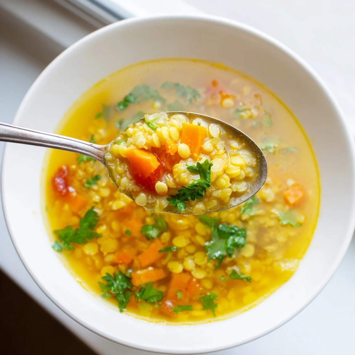 Mung bean soup simmered with warming spices like cumin and turmeric, served hot in a rustic ceramic bowl.  