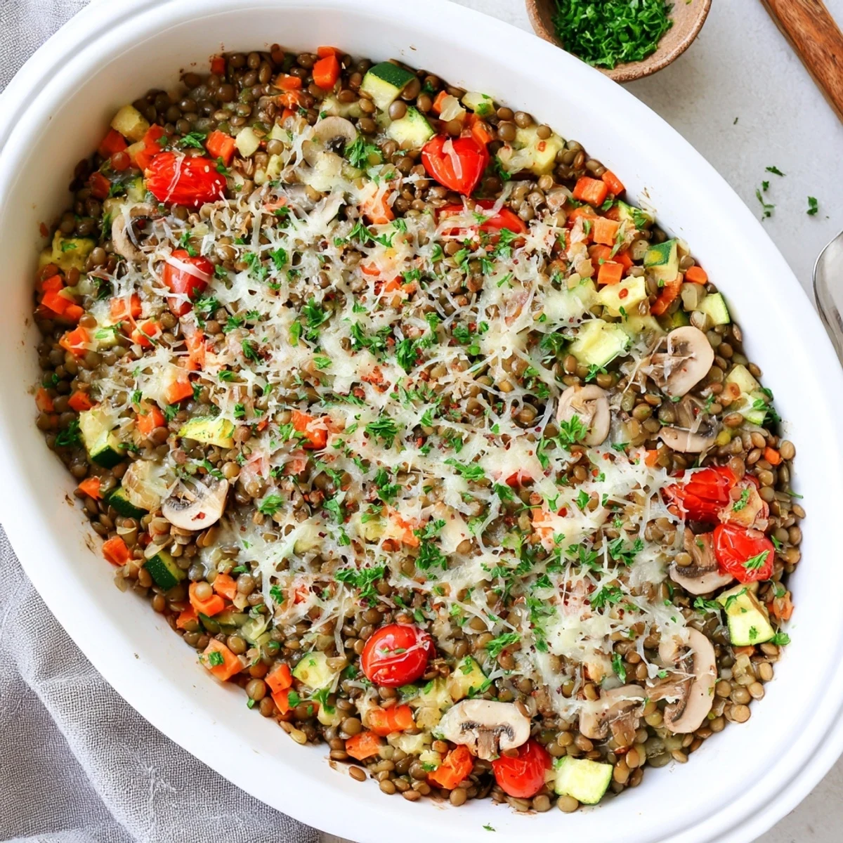 Golden-brown Green Lentil and Vegetable Casserole with melted cheese topping, served hot from the oven with fresh parsley garnish.