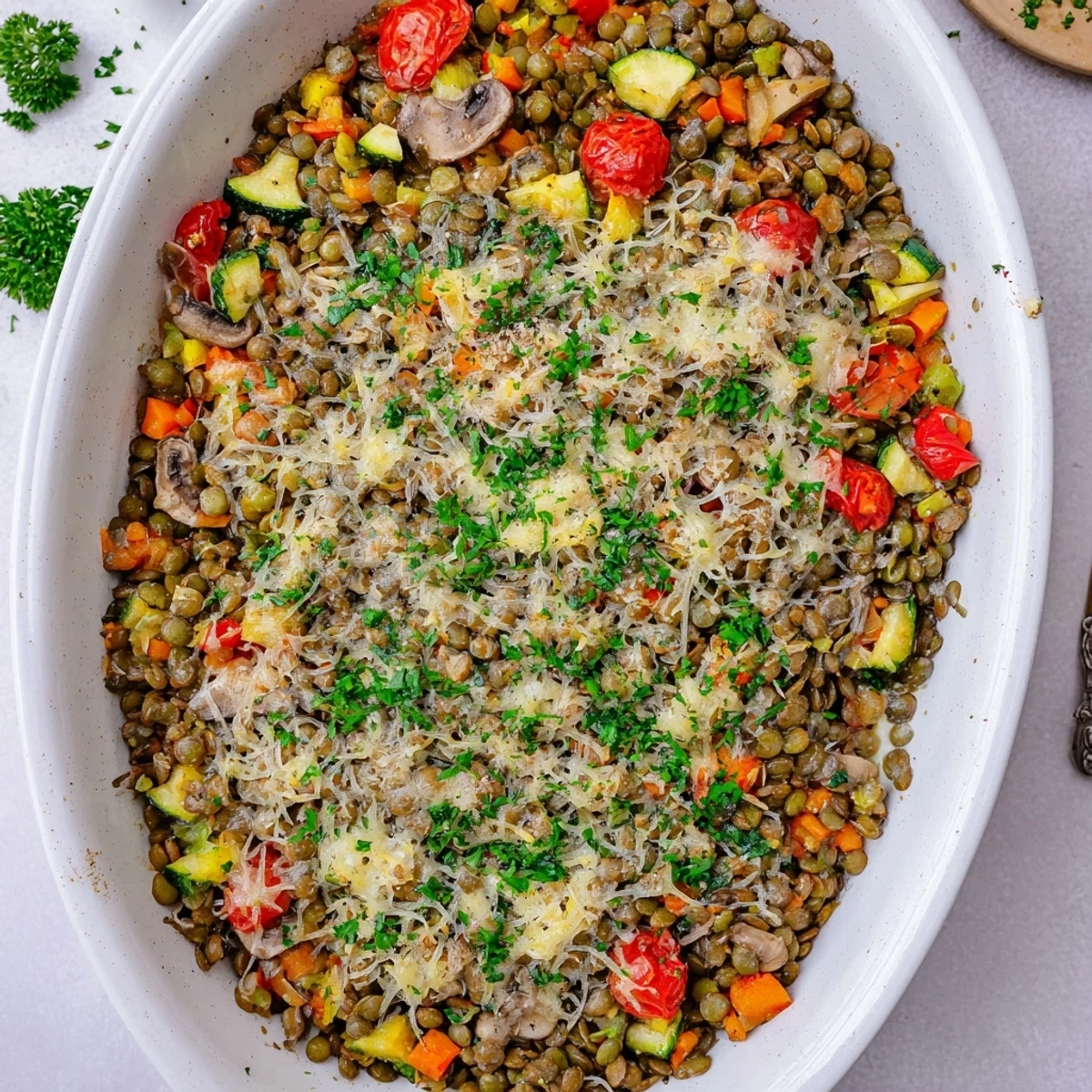 Hearty vegetarian Green Lentil and Vegetable Casserole with vibrant carrots, bell peppers, and cherry tomatoes, baked until perfectly bubbly.