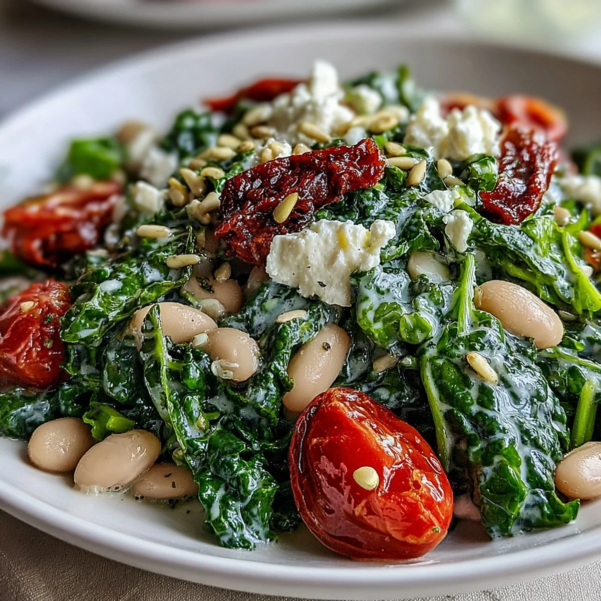 Hearty White Bean and Kale Salad with fresh tomatoes, perfect for a light lunch.