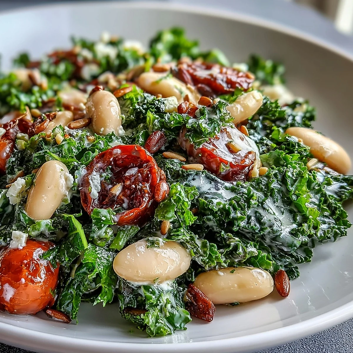 Creamy White Bean and Kale Salad, massaged kale tender, ready to be enjoyed.
