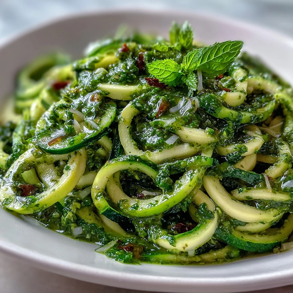 Fresh zucchini noodles with vibrant basil pesto, a healthy low-carb Italian-inspired dish.