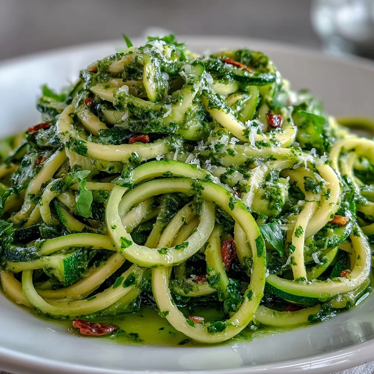 Close-up of spiralized zucchini noodles coated in homemade pesto, garnished with Parmesan.