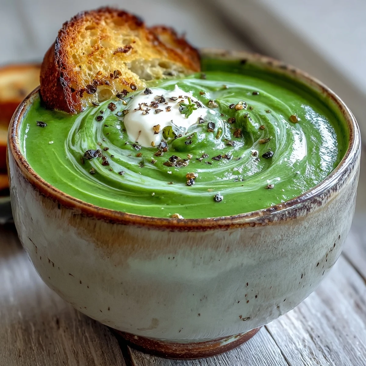 Creamy spinach soup served warm in a white bowl with a swirl of cream and crusty bread on the side.