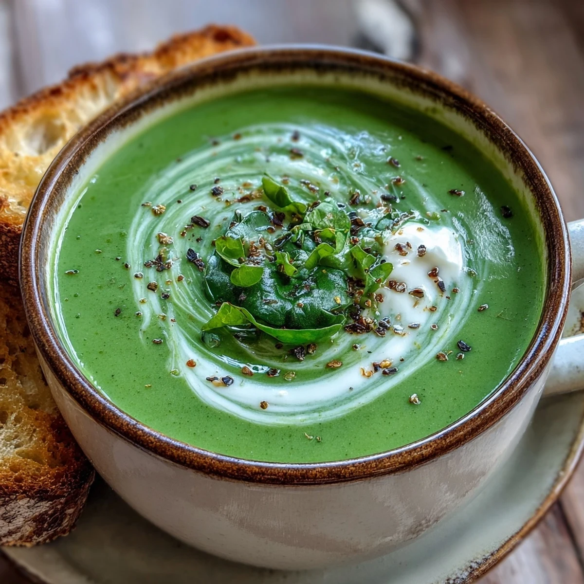 A bowl of homemade spinach soup garnished with fresh black pepper, resting on a rustic wooden table.