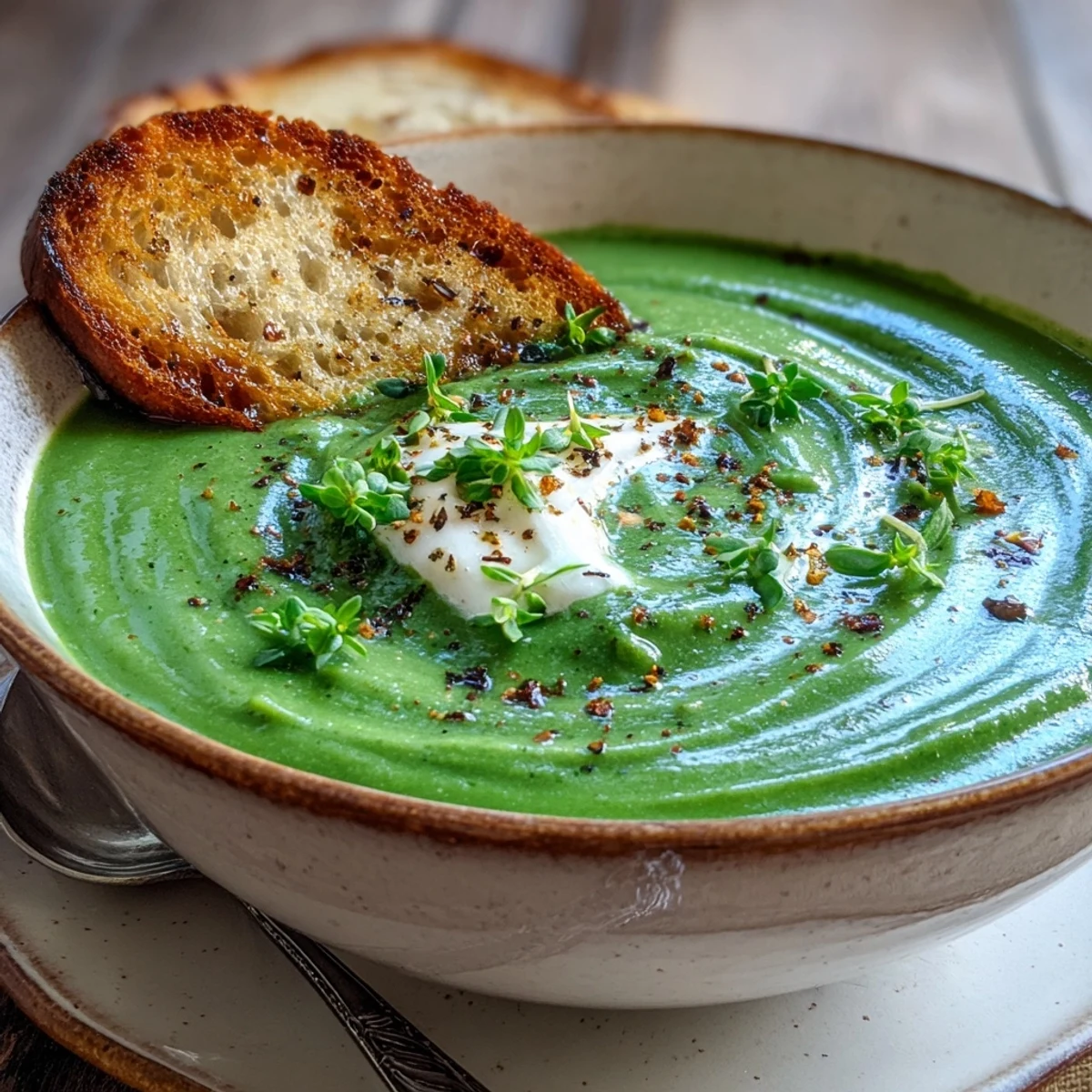 Vibrant green spinach soup in a ceramic bowl, steam rising, ready to enjoy as a light lunch.