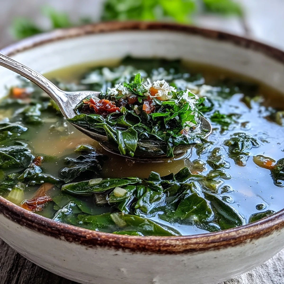 Steaming Swiss Chard Soup in a rustic bowl, garnished with fresh parsley and lemon.