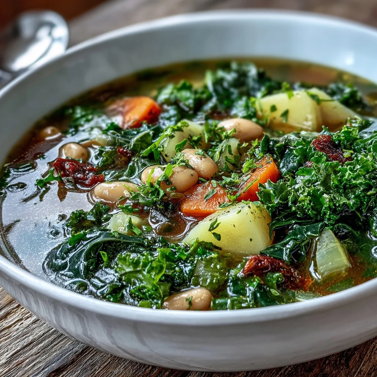 Hearty kale soup with tender root vegetables and creamy white beans served in a rustic bowl.