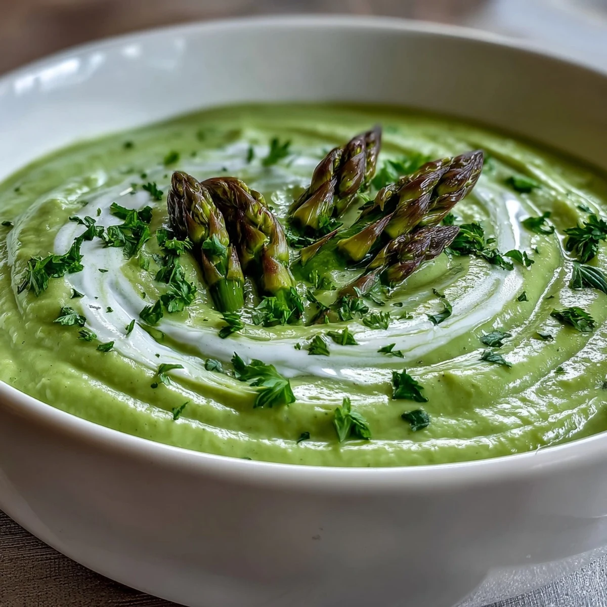 Vibrant green Asparagus Soup in a white bowl garnished with fresh chives and tender tips, served warm with crusty bread on the side for dipping.