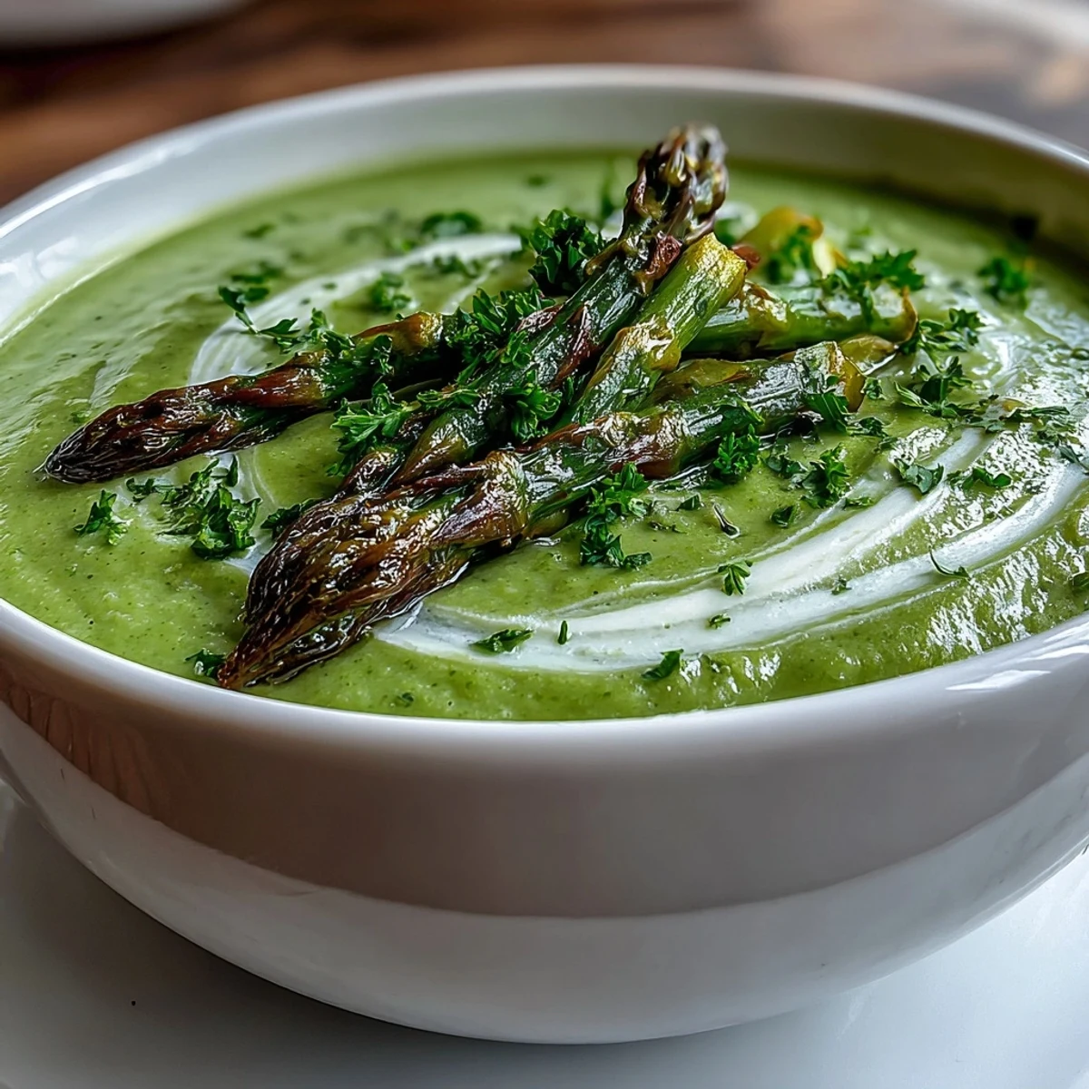 Close-up of creamy Asparagus Soup, highlighting the silky pureed texture and a drizzle of lemon for a bright, fresh spring flavor.
