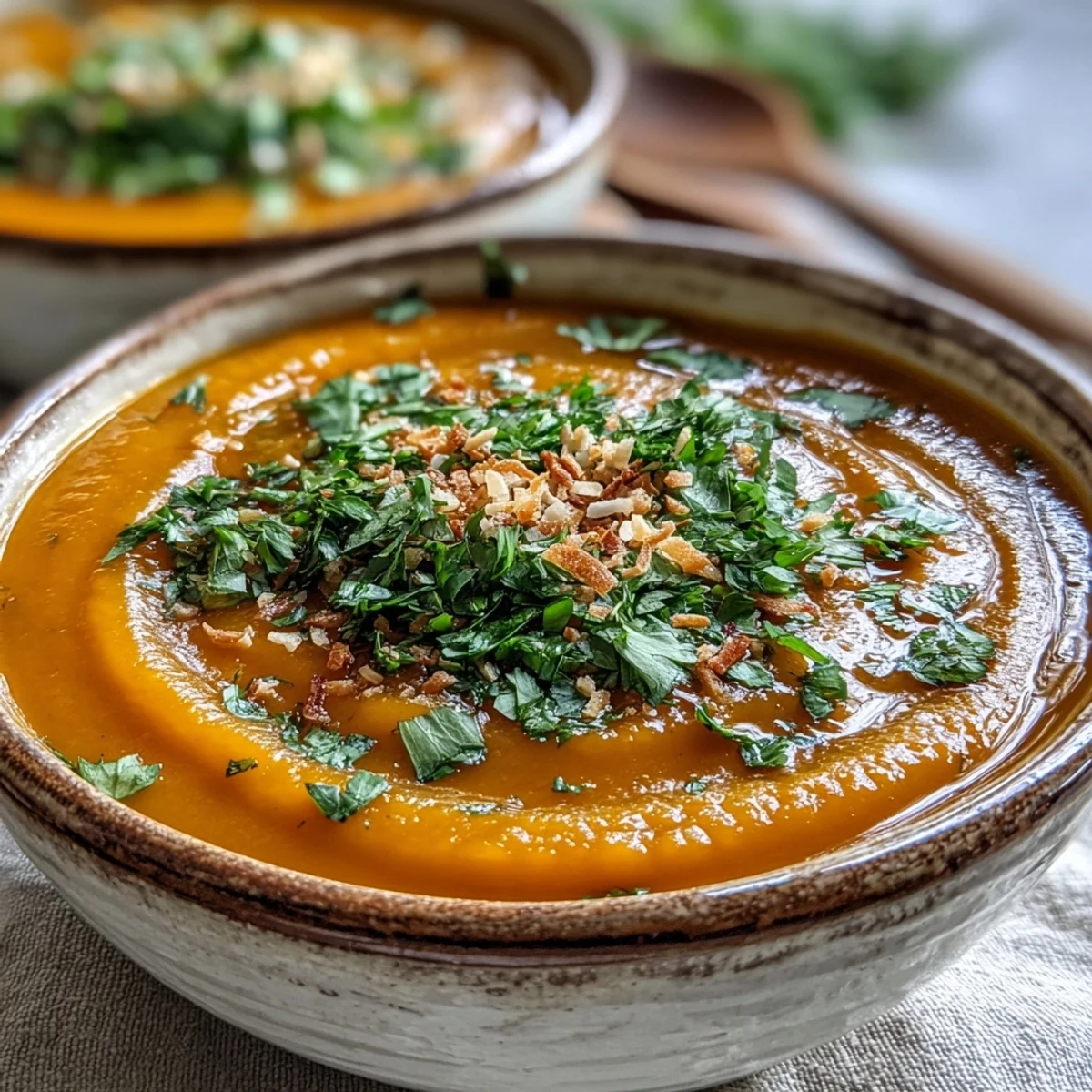Creamy Carrot and Coconut Soup in a white bowl, garnished with fresh cilantro and toasted coconut.