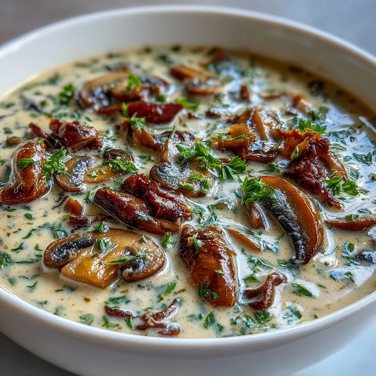 Creamy homemade mushroom soup in a rustic bowl, topped with fresh parsley and cracked black pepper.