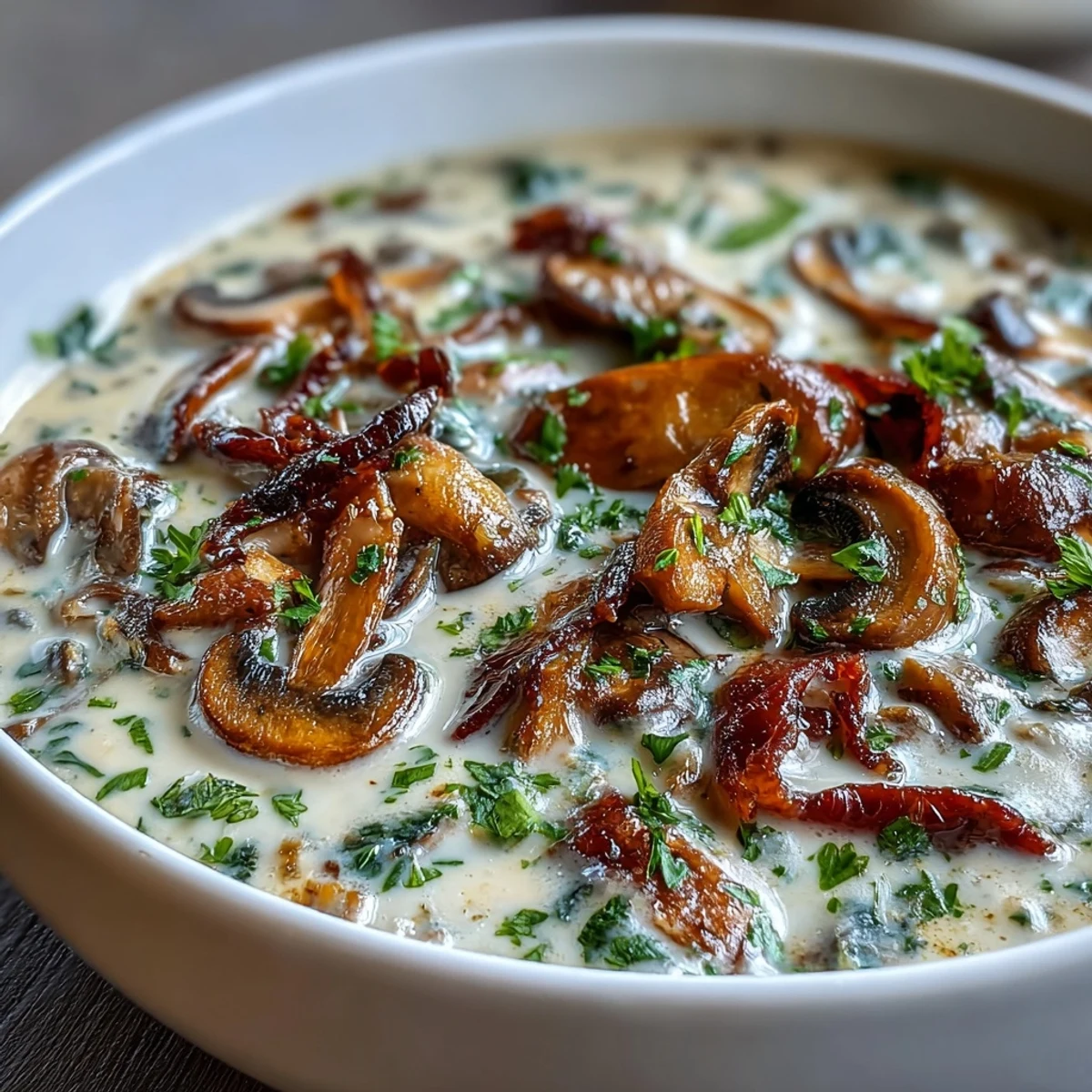 Steaming pot of rich mushroom soup on the stovetop, simmering with carrots and celery.