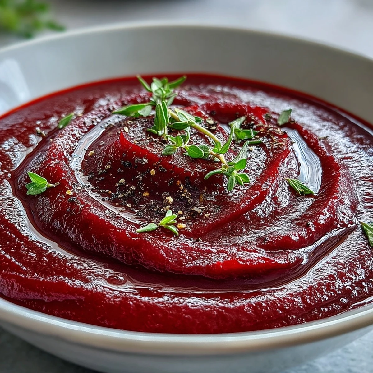 Creamy roasted beet soup in a white bowl, garnished with fresh thyme and a swirl of cream.