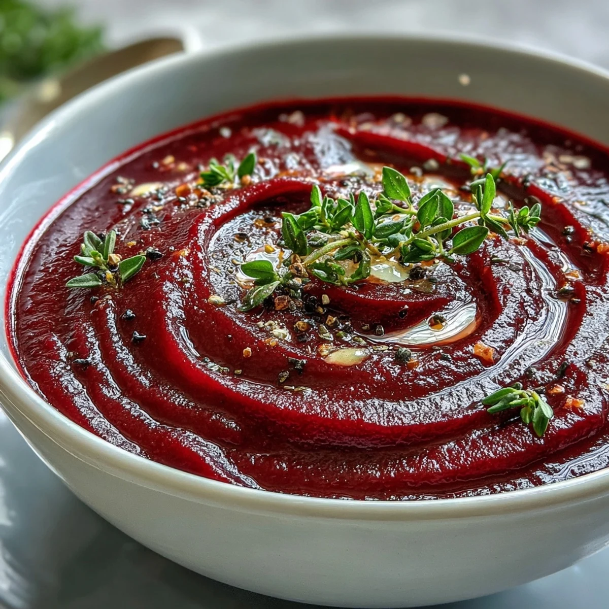 Vibrant purple roasted beet soup topped with pumpkin seeds, served in a rustic ceramic bowl.