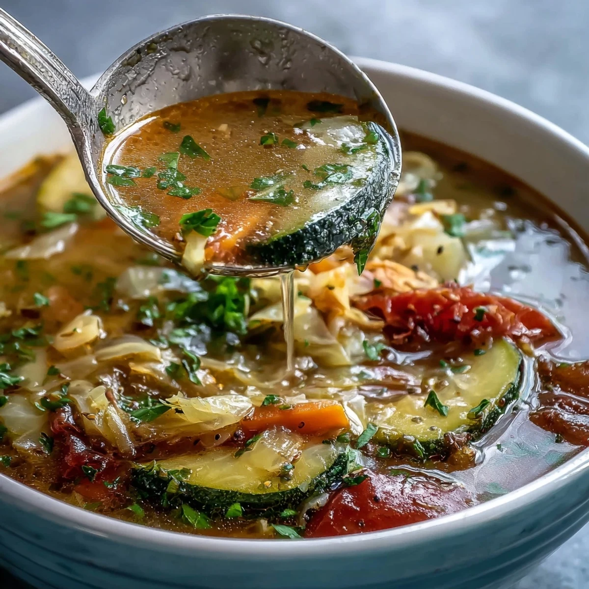 Brightly colored Cabbage Soup with chunks of carrots, celery, and tomatoes in a rustic bowl.