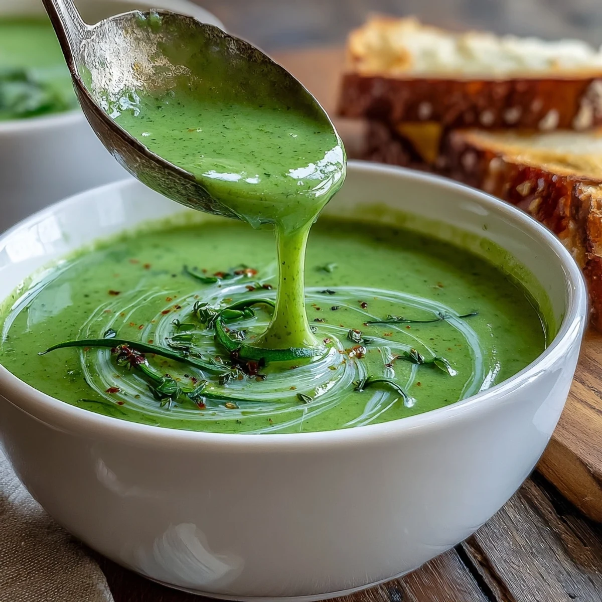 Silky Zucchini Soup pours smoothly, garnished with fresh herbs and a lemon zest swirl in a rustic bowl.