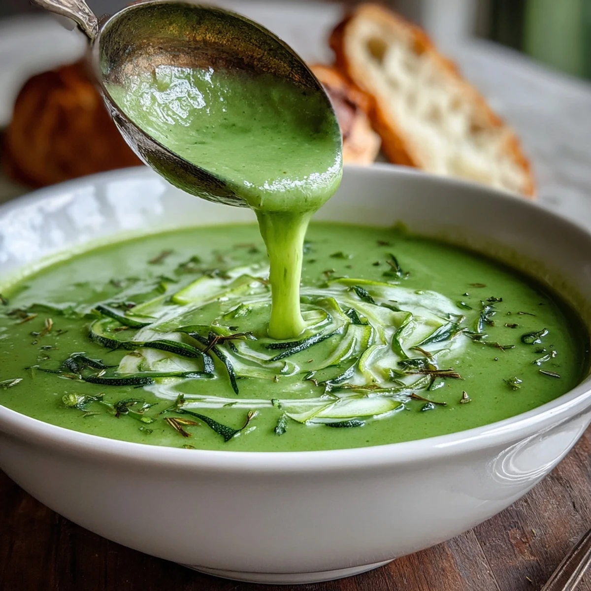 Served hot, this Zucchini Soup glows with basil and parsley, accompanied by crusty bread for dipping.