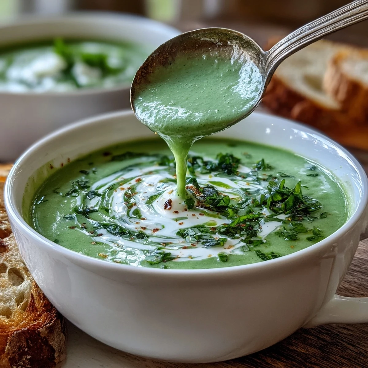 Creamy Zucchini Soup steams gently, featuring vibrant green puree topped with an olive oil drizzle and thyme.