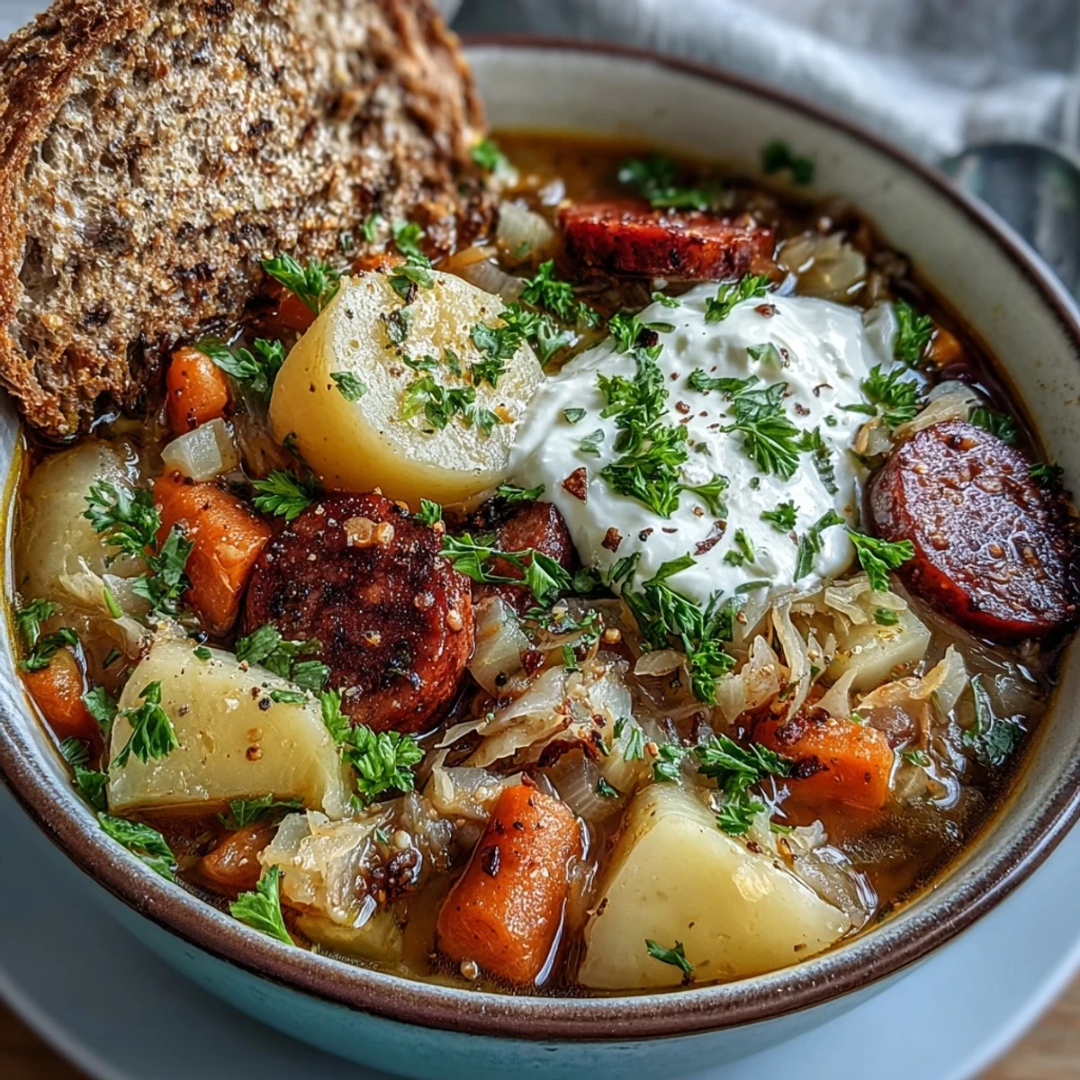 Steaming bowl of Sauerkraut Soup topped with fresh parsley and sour cream, served alongside crusty rye bread for a comforting meal.
