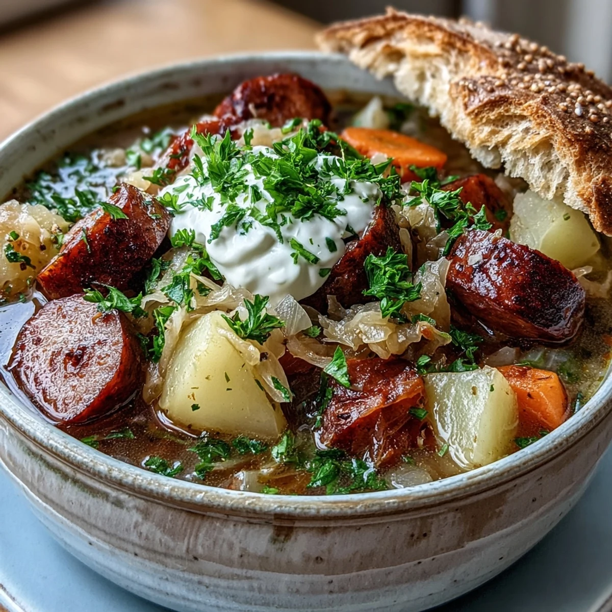Smoky Sauerkraut Soup simmering in a pot with sauerkraut, potatoes, and carrots, releasing a tangy, savory aroma from the caraway spices.