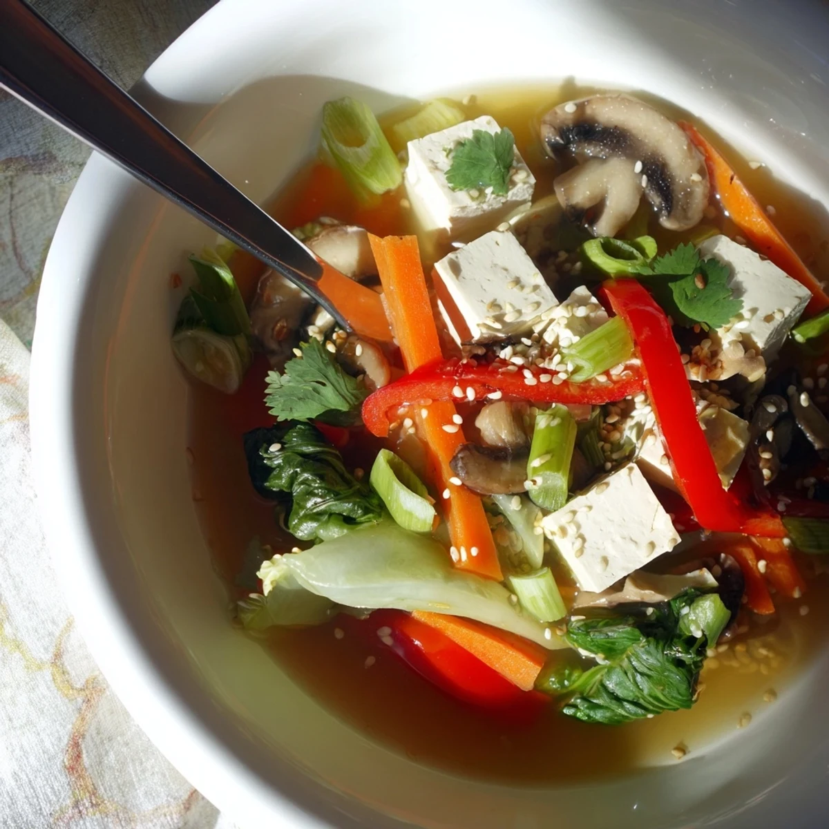 A steaming bowl of Tofu and Vegetable Soup, filled with silken tofu cubes, julienned carrots, and shiitake mushrooms in a clear, fragrant broth.