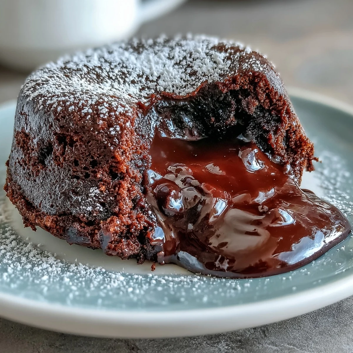 A hand holds a spoon over a perfectly baked Chocolate Lava Cake with Espresso, ready for a scoop of vanilla ice cream.