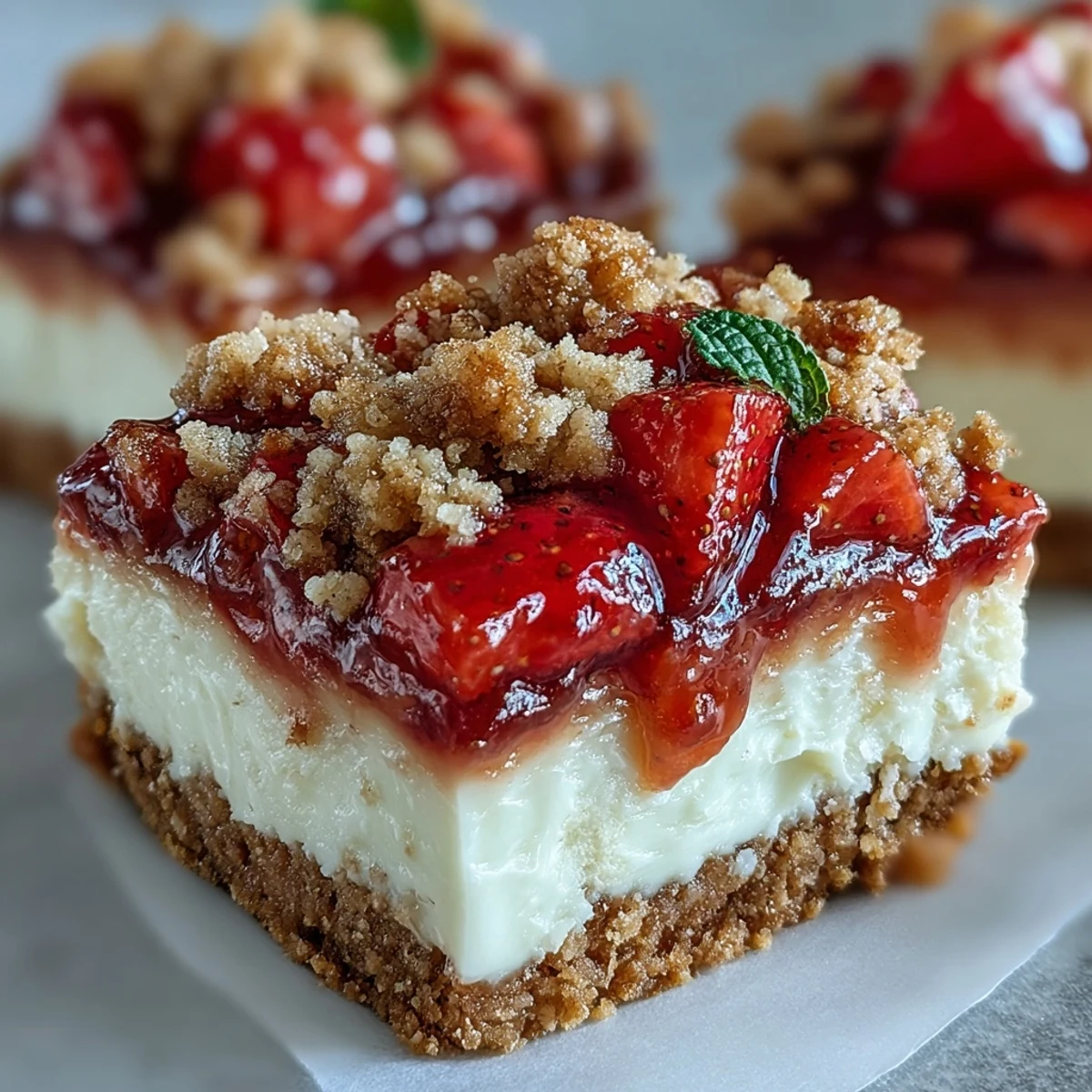Homemade Strawberry Cheesecake Bars cut into squares, perfect for a sweet summer picnic dessert served on a checkered cloth.