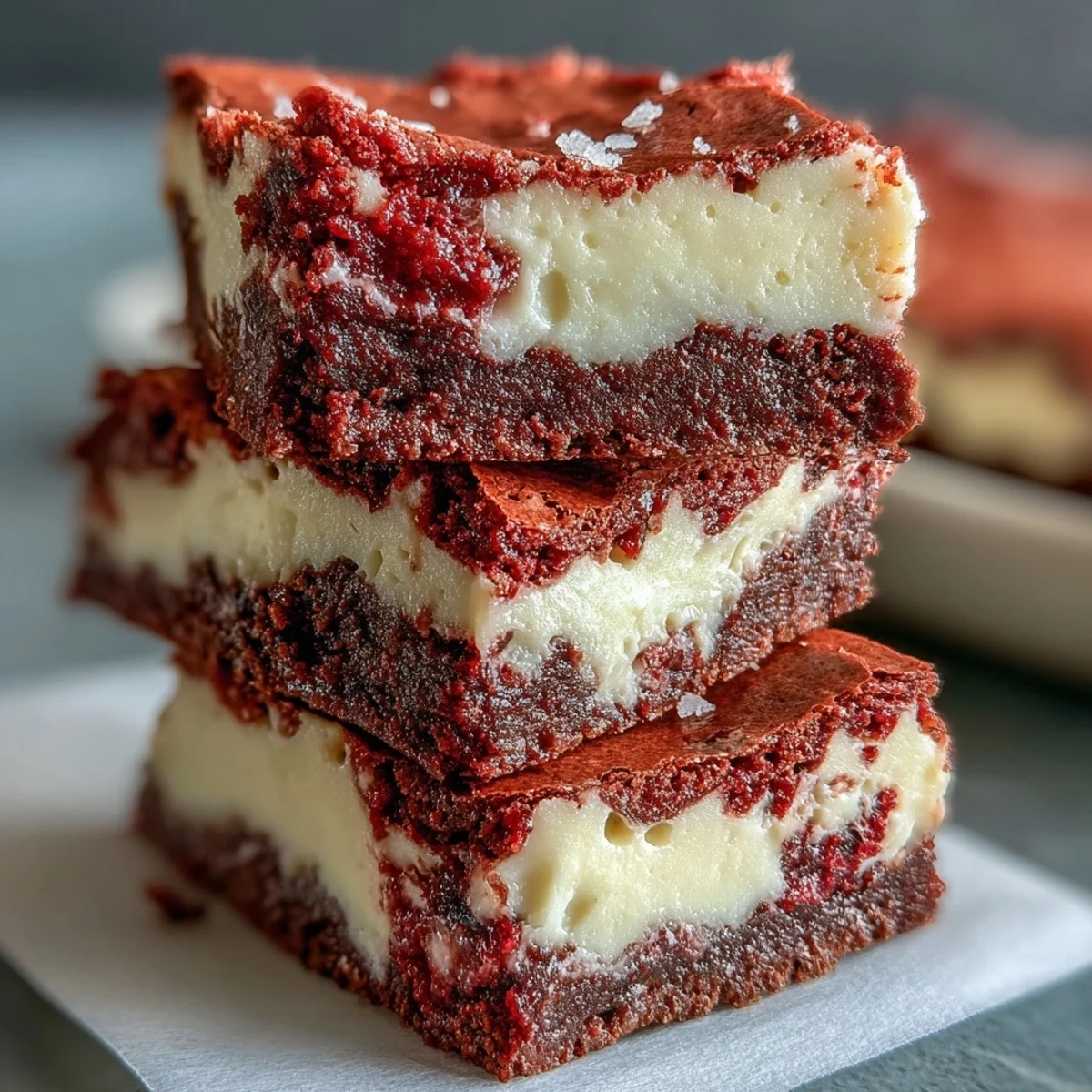 A square of red velvet cheesecake brownies shows maroon and white swirls in a rich, fudgy texture.  