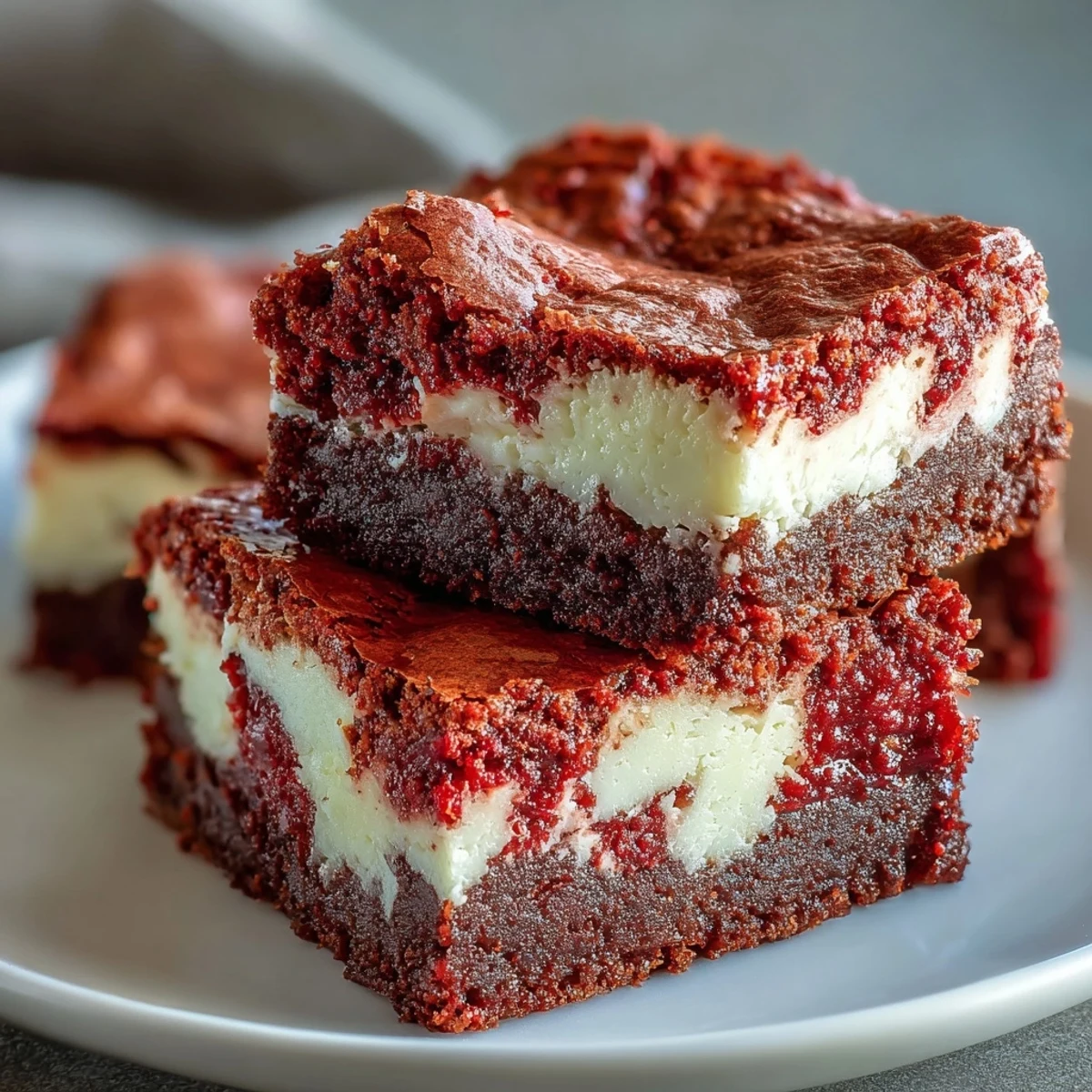 Close-up of red velvet cheesecake brownies on a white plate, served with a dusting of powdered sugar.  